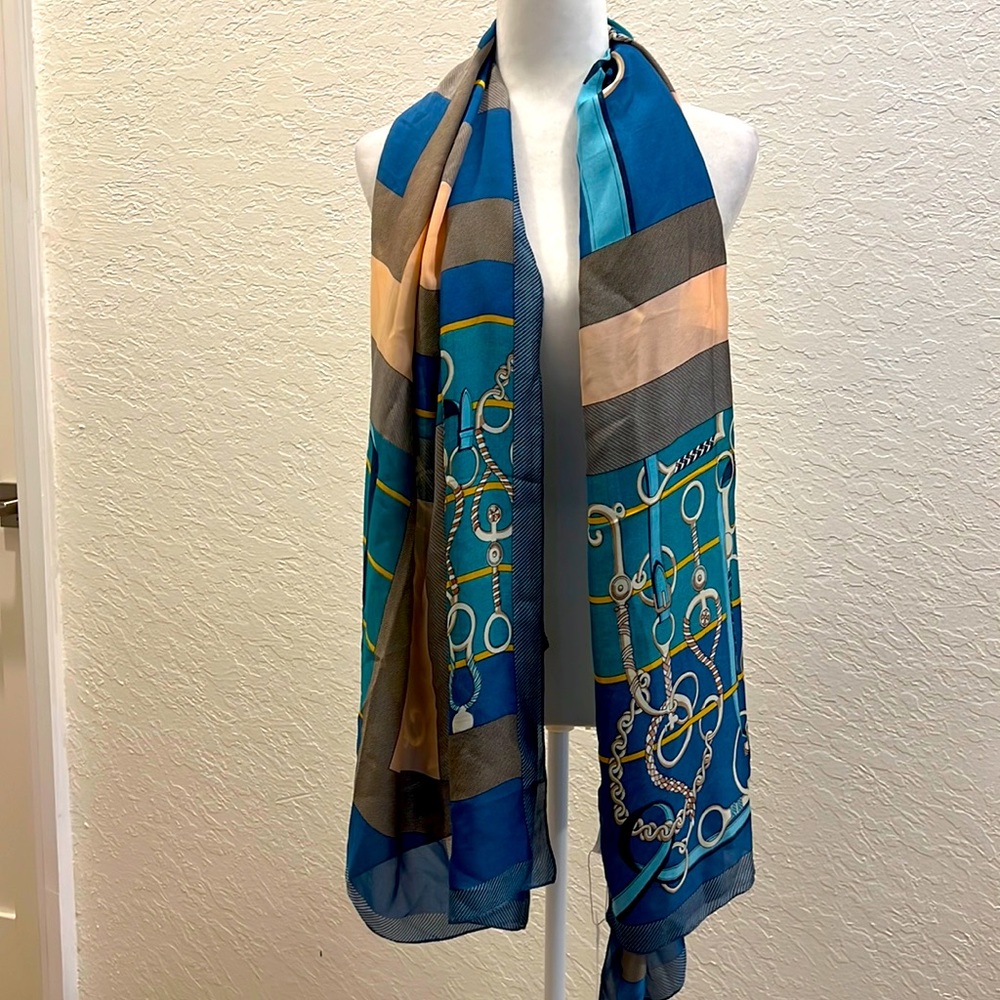 Silky scarf nwt convertible teal peach turquoise 68 x 36  equestrian style